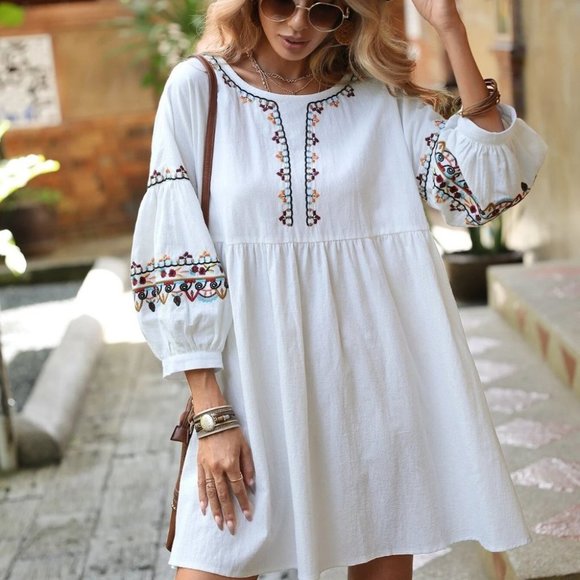 . Dresses & Skirts - Boho Embroidery Lantern Sleeve Smock Dress